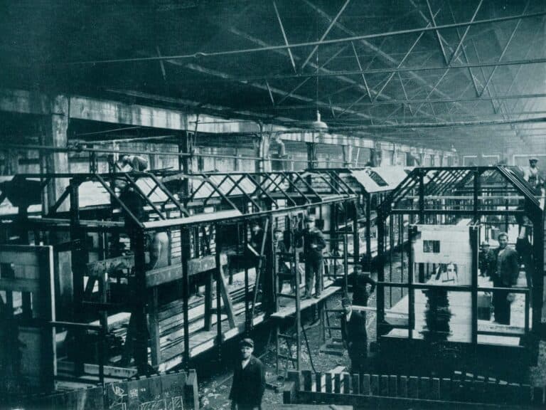 Railway carriage frames under construction inside the factory