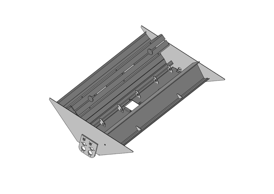 Cradle II - III wagons Shimmns-ED: Three-dimensional view of a cradle frame with internal reinforcing ribs